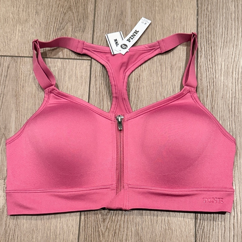 VS PINK Front Zip Sports Bra Medium – Rose Pink Racerback
